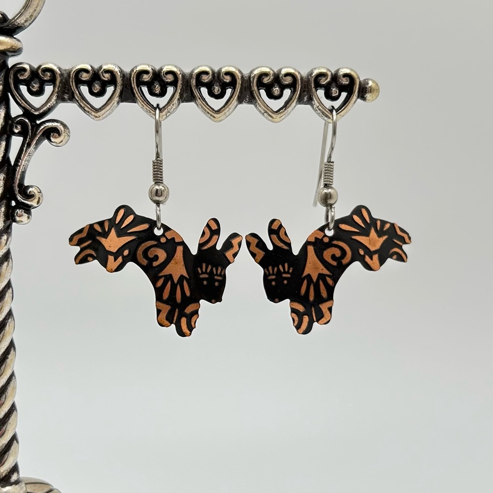 Southwestern Style Copper Rabbit Dangle Earrings with Abstract Pattern